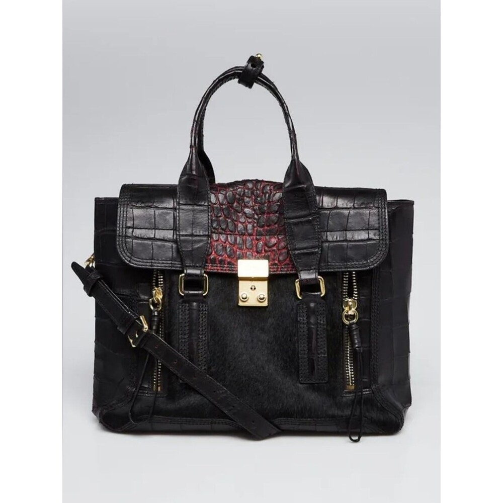 3.1 Phillip Lim Black Calf Hair Red Croc Embossed Leather Pashli Satchel Medium